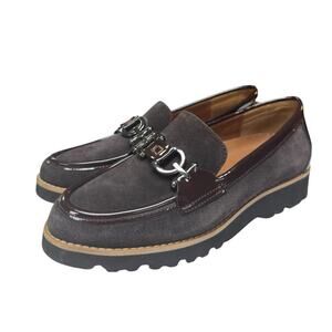 Donald Pliner HPQLOCS Suede Patent Leather Bit Loafers 7M Lug Sole Comfort Brown